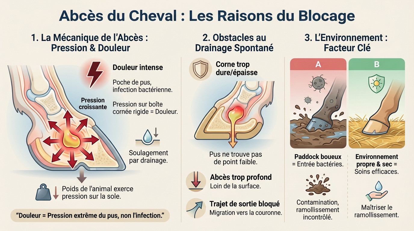 Sabot de cheval avec un abcès non percé nécessitant des soins de maturation