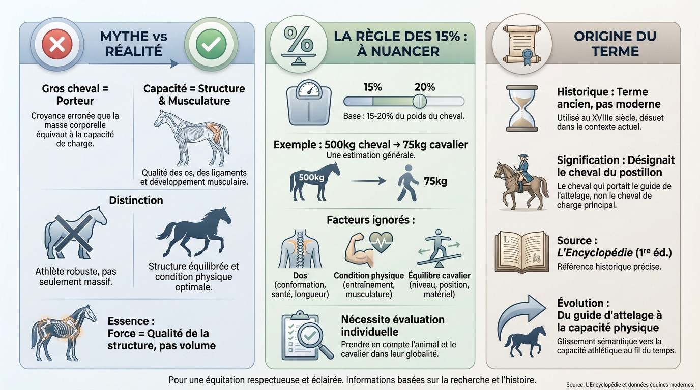 Cheval avec une morphologie robuste et un dos court illustrant la notion de cheval porteur