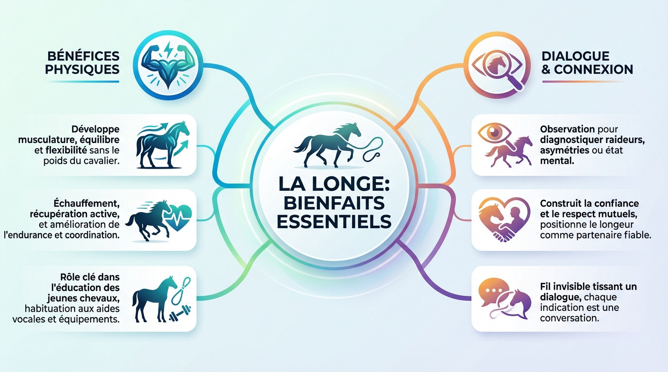 Cheval à l'entraînement en longe sur un cercle pour le renforcement musculaire