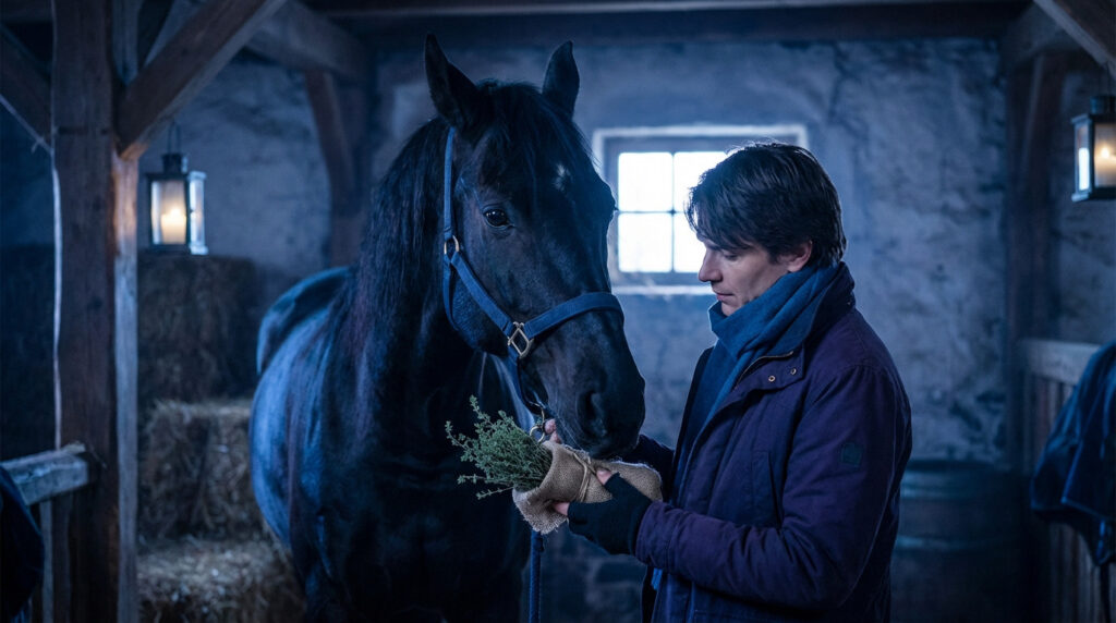 Remède de grand-mère pour cheval qui tousse, montrant un cheval dans un environnement sain