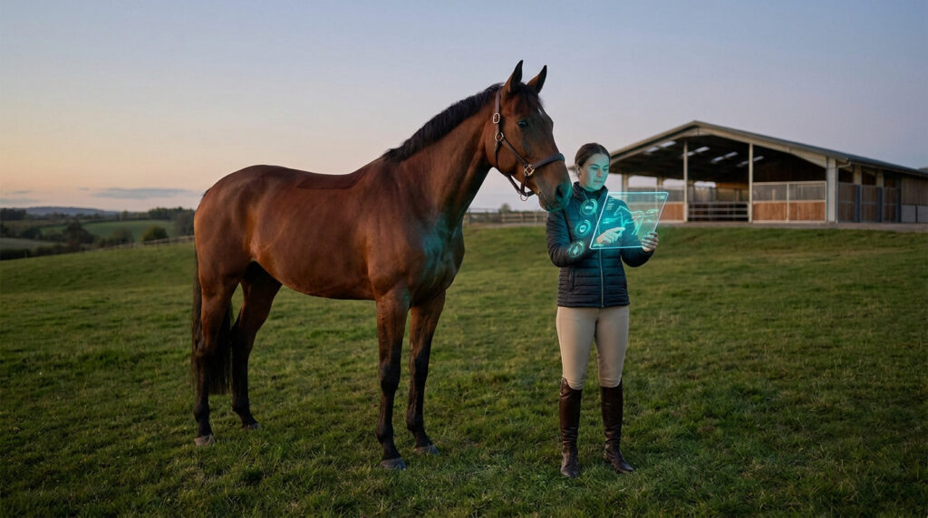 Une cavalière utilise une interface numérique holographique pour surveiller la santé d'un cheval dans un pré.