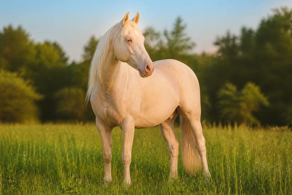 Cheval cremeux majestueux au soleil couchant