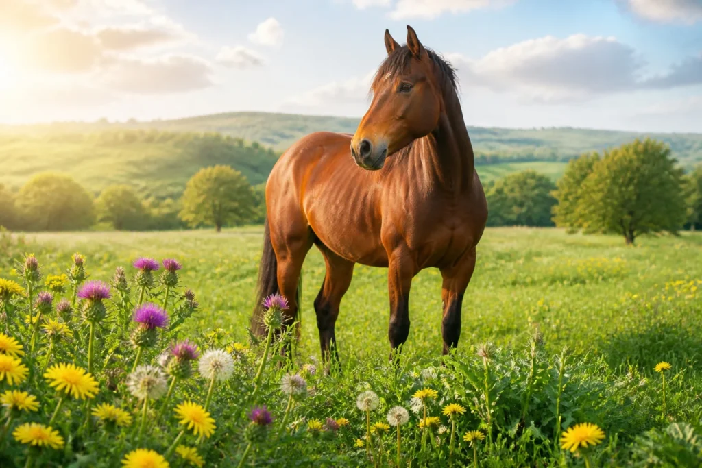 Cheval sain dans un pre fleuri