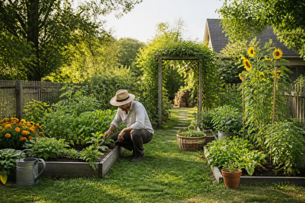 Jardinier dans un potager luxuriant