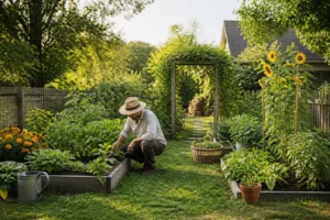 Jardinier dans un potager luxuriant