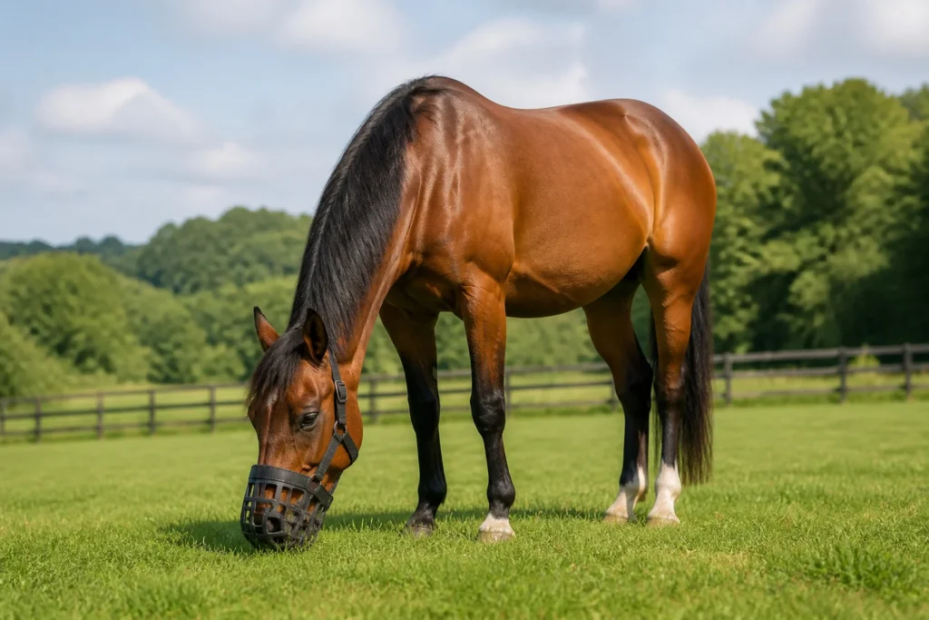 Cheval au pre avec museau de paturage