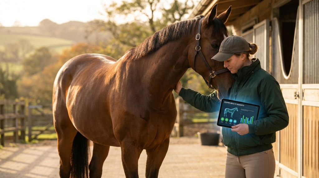 Une cavalière utilise une tablette numérique pour surveiller la santé de son cheval dans une écurie.
