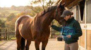 Une cavalière utilise une tablette numérique pour surveiller la santé de son cheval dans une écurie.