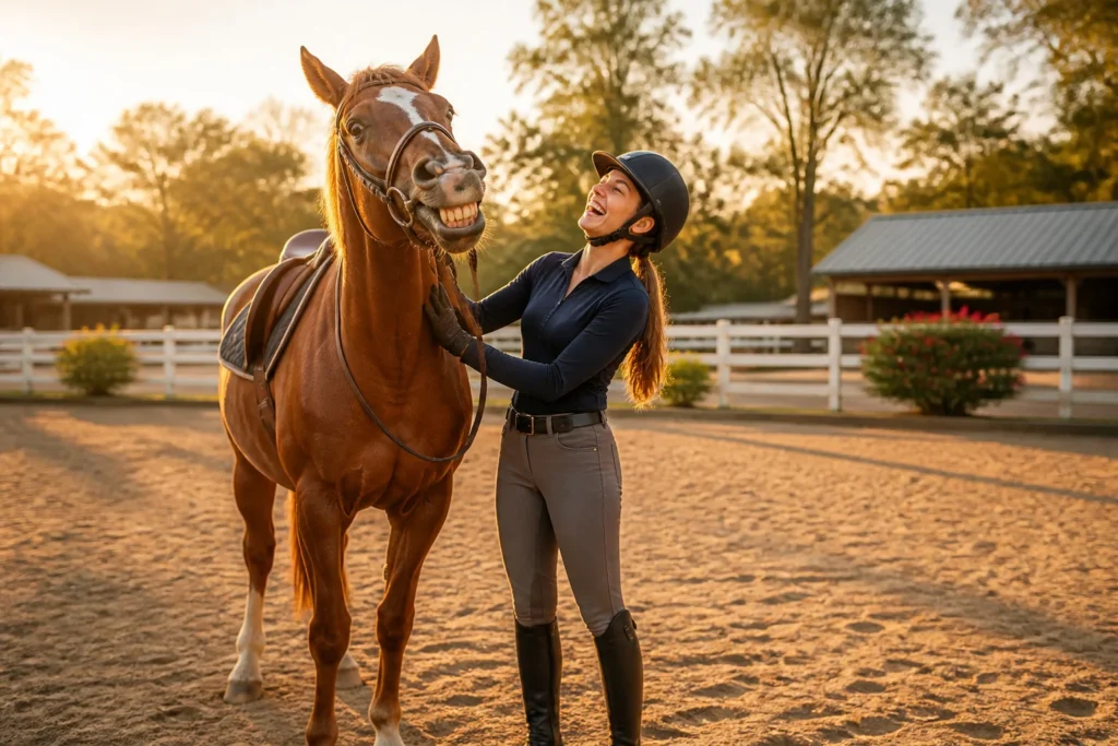 Moment complice et joyeux entre une cavaliere et son cheval