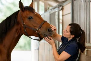 Soin et examen dentaire dun cheval
