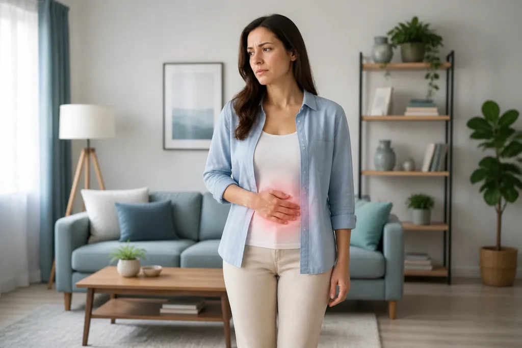 Femme avec inconfort abdominal