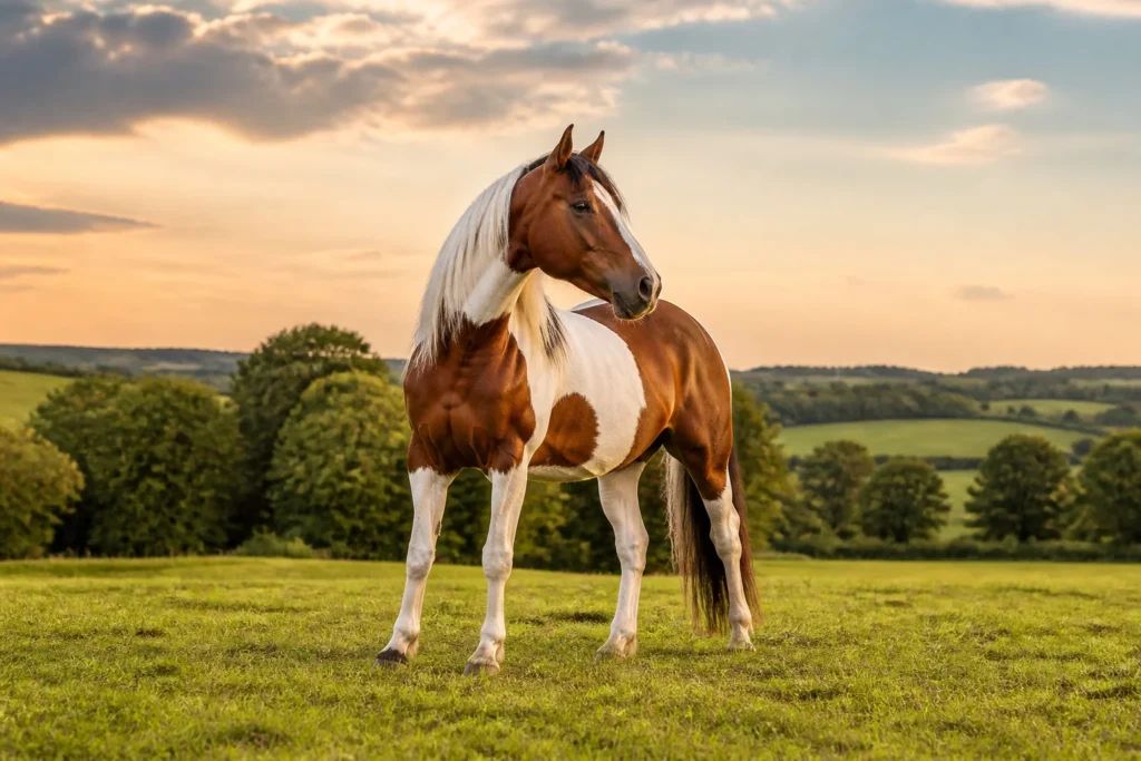Cheval pie bald majestueux dans une prairie