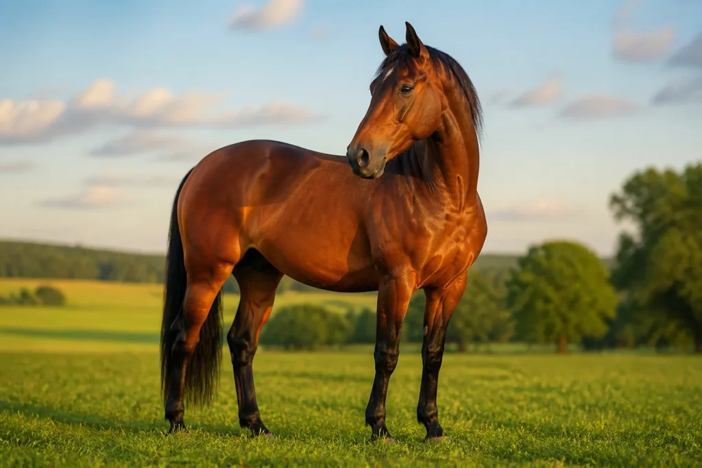 Cheval bai majestueux au coucher du soleil