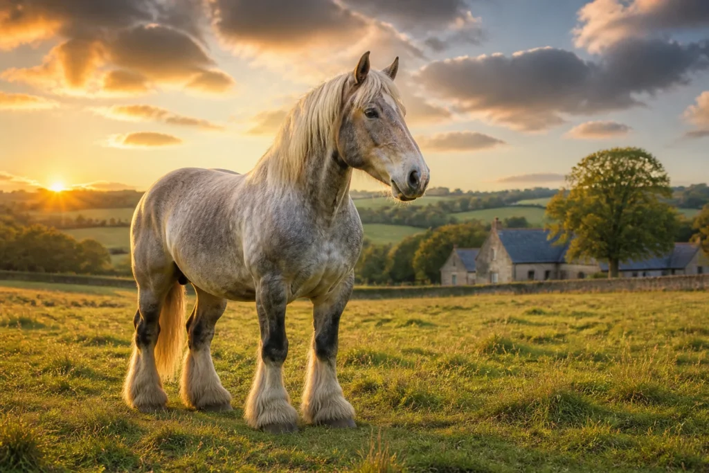 Majestueux cheval de trait au coucher du soleil