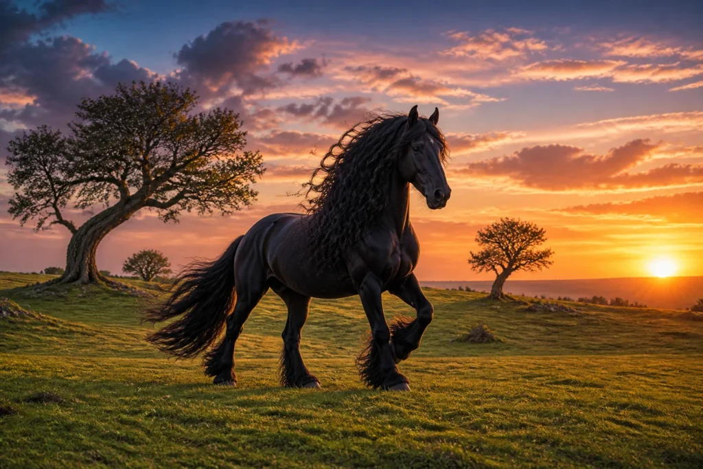 Cheval frison majestueux au coucher du soleil