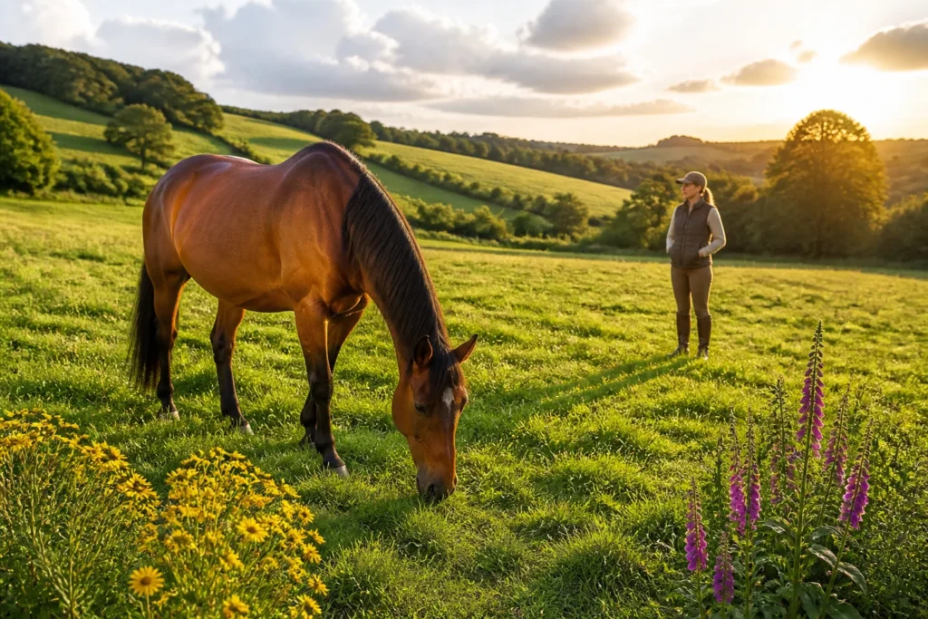 Cheval et gardien vigilant au crepuscule