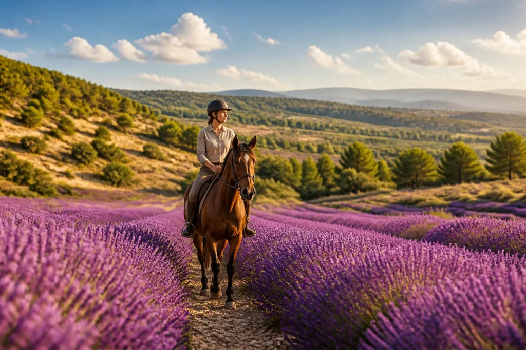 Balade a cheval dans les champs de lavande