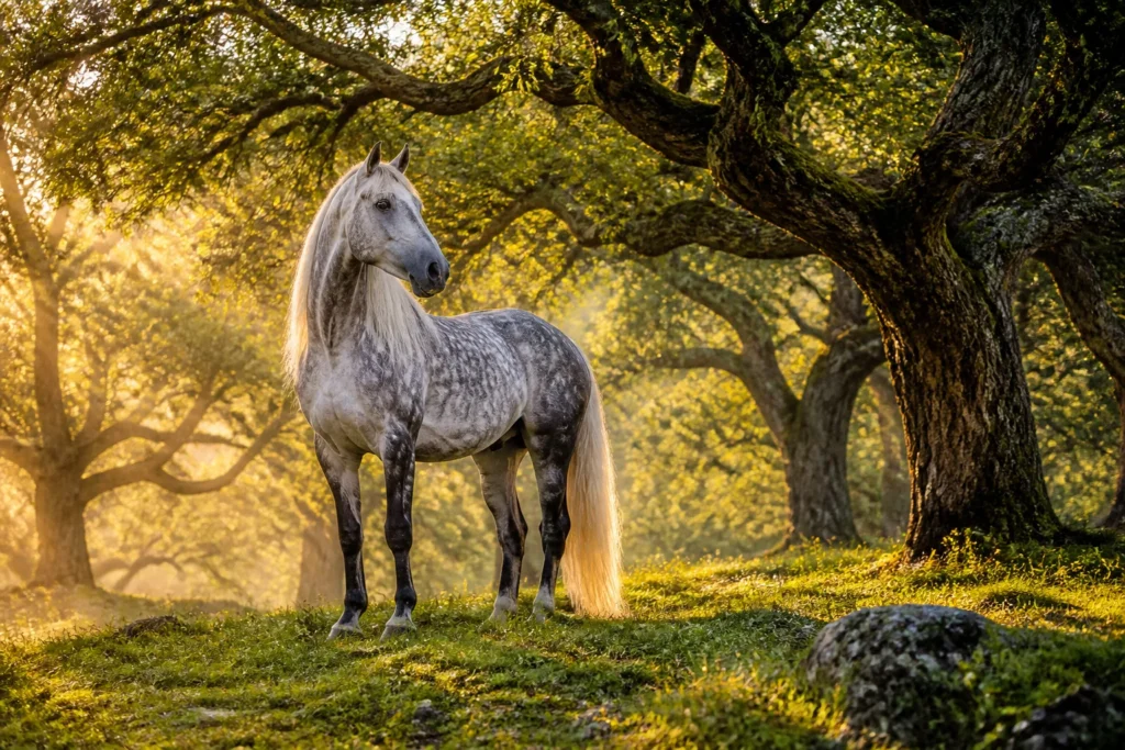 Cheval majestueux dans une foret doree