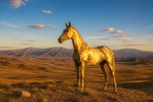 Cheval akhal teke dore au coucher du soleil