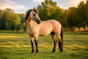 Cheval isabelle majestueux au soleil couchant
