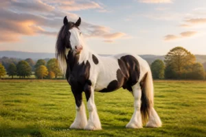 Majestueux cheval piebald au coucher du soleil