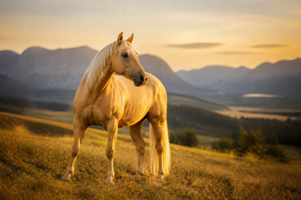 Cheval palomino dore au coucher du soleil