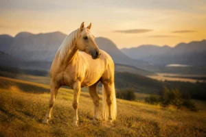 Cheval palomino dore au coucher du soleil