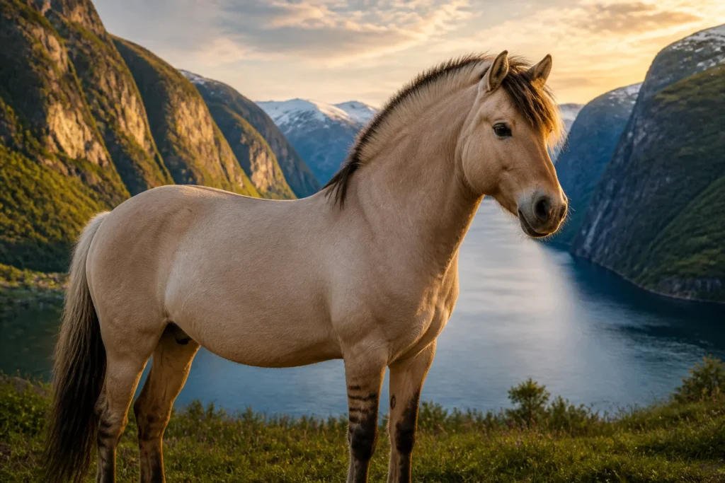 Cheval fjord majestueux au coucher du soleil