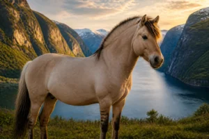 Cheval fjord majestueux au coucher du soleil